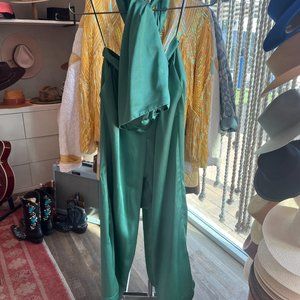 Sandra Weil Satin Halter Neck Sleeveless Tie-Up Top Blouse Green Small